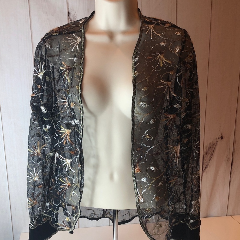 Elegant Sheer Sparkly Embroidered Black Floral Fantasy Lingerie Jacket Women’s M